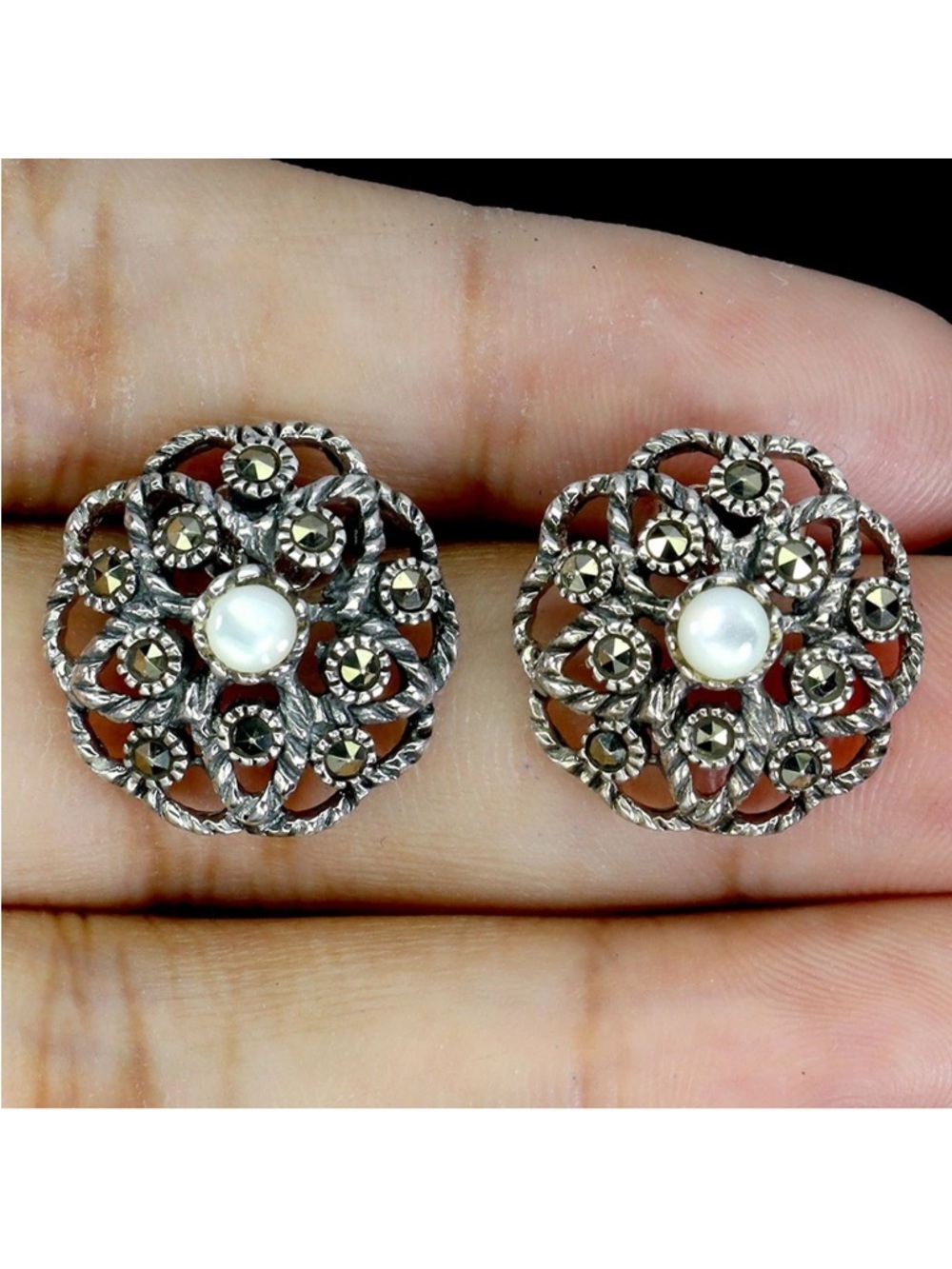 Natural Mother of Pearl & Marcasite in 925 Sterling Silver Stud Earrings